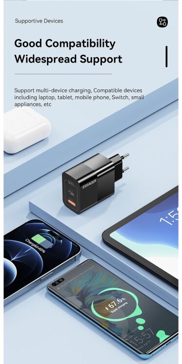 Мережевий зарядний пристрій ESSAGER Pinchen 33W (USB + Type-C) ECTAC-PCB01-P - Black: фото 14 з 15