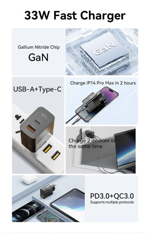 Мережевий зарядний пристрій ESSAGER Pinchen 33W (USB + Type-C) ECTAC-PCB01-P - Black: фото 6 з 15