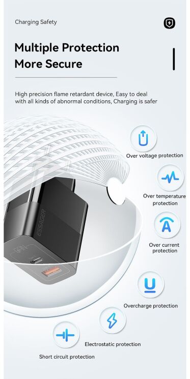 Мережевий зарядний пристрій ESSAGER Pinchen 33W (USB + Type-C) ECTAC-PCB01-P - Black: фото 12 з 15