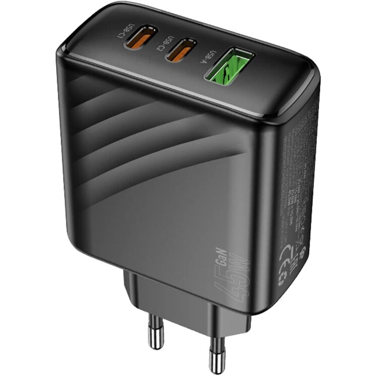 Мережевий зарядний пристрій Hoco CS26A PD45W (USB + 2Type-C) - Black: фото 2 з 9