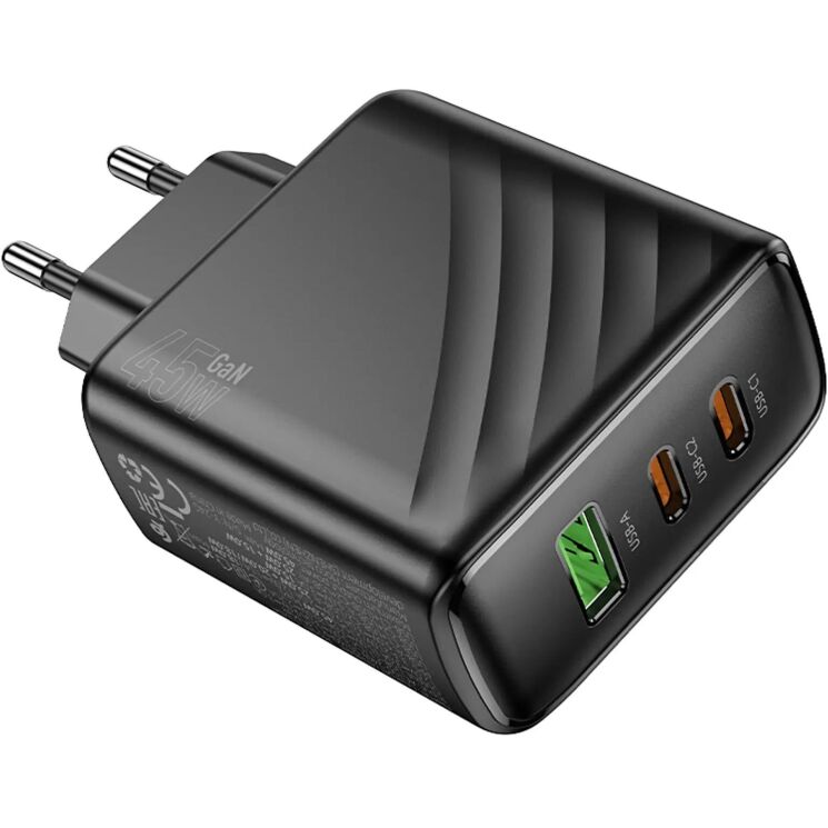 Мережевий зарядний пристрій Hoco CS26A PD45W (USB + 2Type-C) - Black: фото 4 з 9