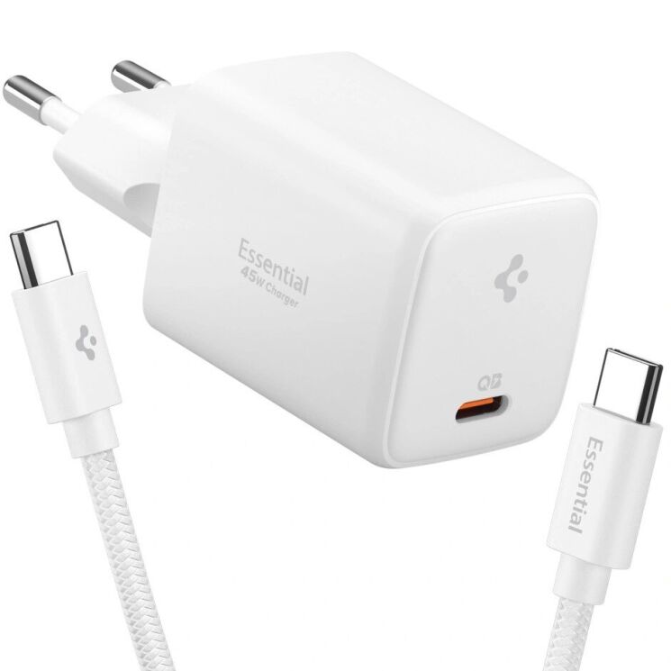 Мережевий зарядний пристрій Spigen EE451EU 45W + кабель Type-C to Type-C - White (995680W) Мережевий зарядний пристрій Spigen EE451EU 45W + кабель Type-C to Type-C - White: фото 1 з 7