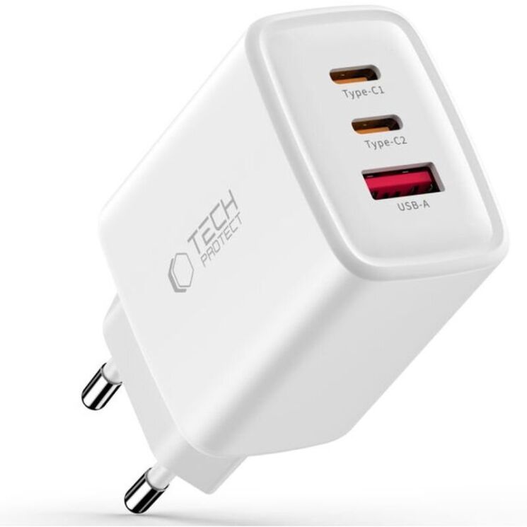 Сетевое зарядное устройство Tech-Protect Network Charger GaN 65W (2Type-C + USB) - White: фото 1 из 8