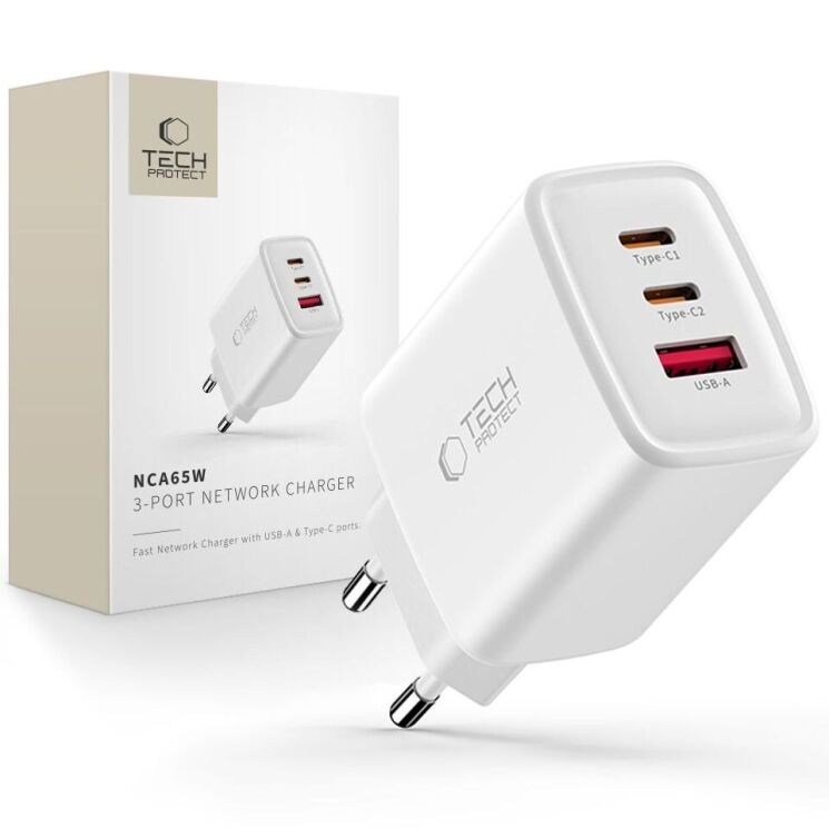 Сетевое зарядное устройство Tech-Protect Network Charger GaN 65W (2Type-C + USB) - White: фото 5 из 8