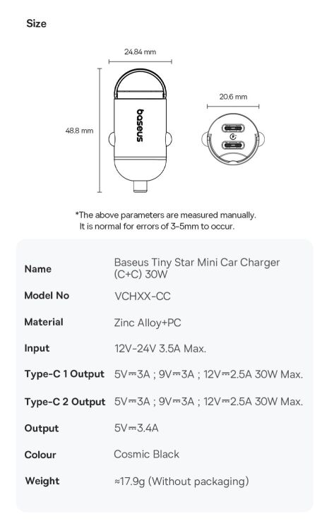 Автомобильное зарядное устройство Baseus Tiny Star Mini 30W (2Type-C) C00035001121-03 - Black: фото 25 из 26