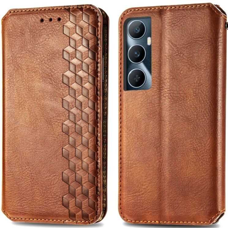 Чехол Deexe Rhombus Wallet для Realme C65 - Brown: фото 1 из 9