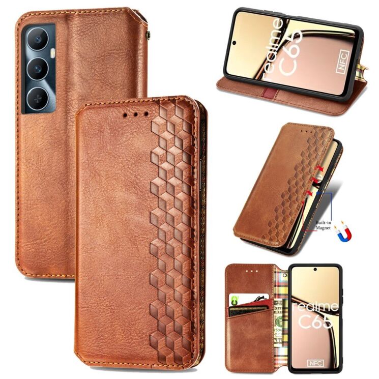 Чехол Deexe Rhombus Wallet для Realme C65 - Brown: фото 6 из 9