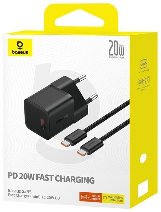 Сетевое зарядное устройство Baseus GaN5 1C 20W + кабель Type-C to Type-C (P10110900113-00) - Black: фото 7 из 17
