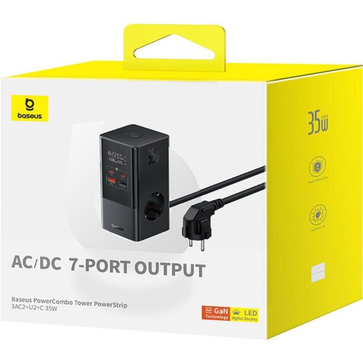 Сетевое зарядное устройство Baseus PowerCombo Tower 3AC+2U+2C (35W) E00023606113-00 - Black: фото 5 из 23