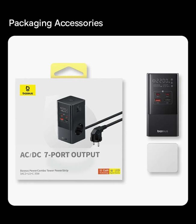Сетевое зарядное устройство Baseus PowerCombo Tower 3AC+2U+2C (35W) E00023606113-00 - Black: фото 22 из 23