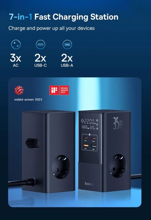 Сетевое зарядное устройство Baseus PowerCombo Tower 3AC+2U+2C (35W) E00023606113-00 - Black: фото 7 из 23
