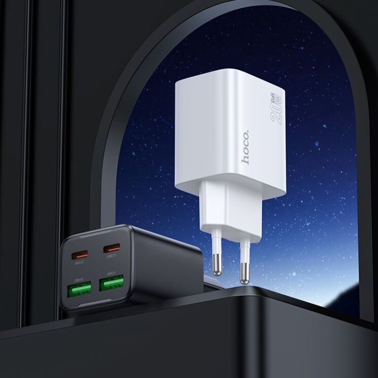Мережевий зарядний пристрій Hoco N55 20W 2C+2U + кабель Type-C to Type-C - Black (960126B) Мережевий зарядний пристрій Hoco N55 20W 2C+2U + кабель Type-C to Type-C - Black: фото 6 з 7