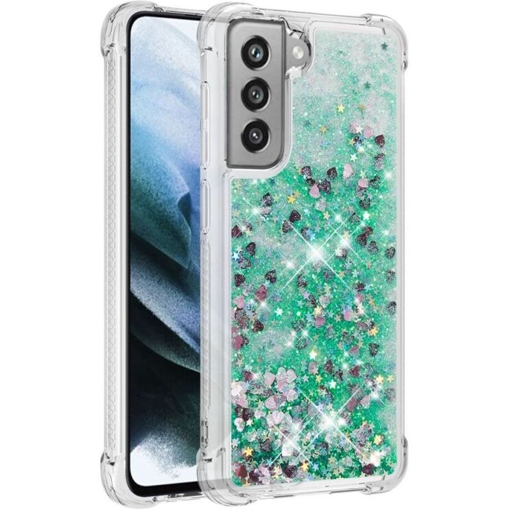 Силиконовый (TPU) чехол Deexe Liquid Glitter для Samsung Galaxy S21 FE (G990) - Green Hearts: фото 2 из 7