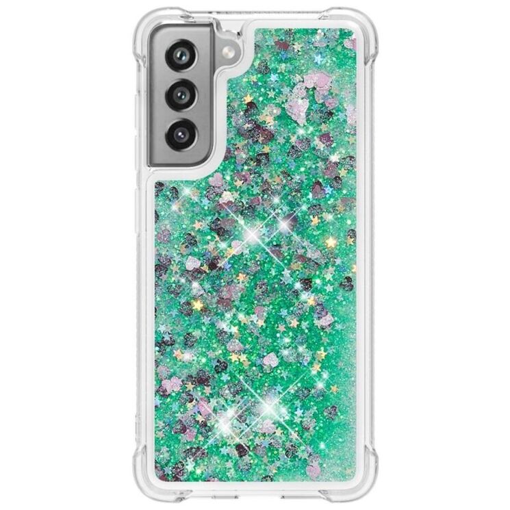 Силиконовый (TPU) чехол Deexe Liquid Glitter для Samsung Galaxy S21 FE (G990) - Green Hearts: фото 3 из 7
