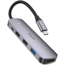 USB HUB Hoco HB27 5 in 1 Multifunctional (Type-C to HDMI+USB3.0+USB2.0+PD) - Metal Gray: фото 1 з 9
