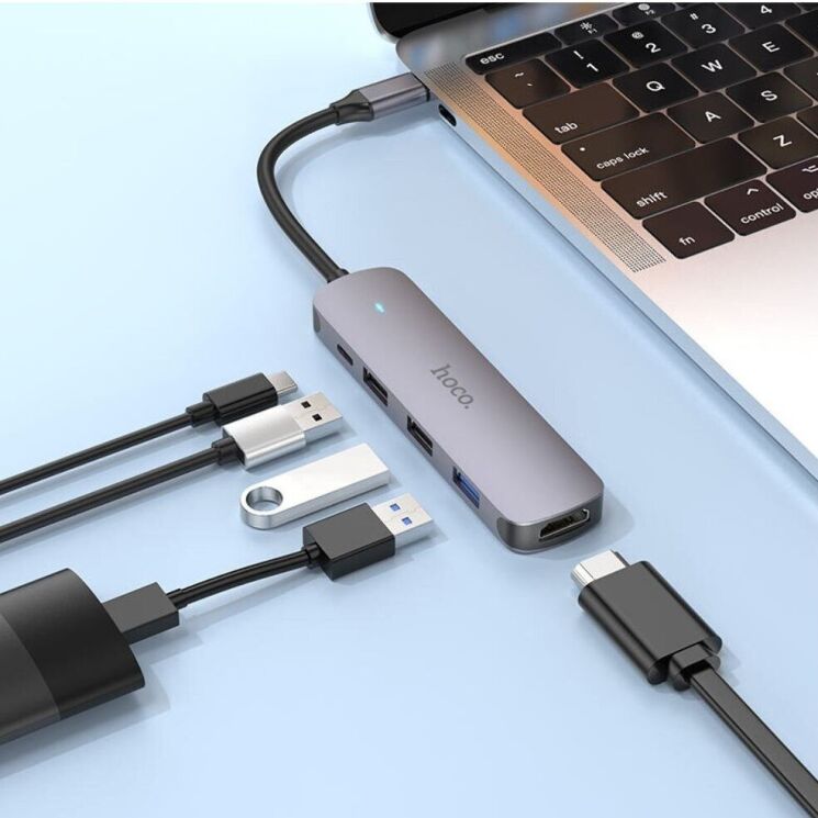 USB HUB Hoco HB27 5 in 1 Multifunctional (Type-C to HDMI+USB3.0+USB2.0+PD) - Metal Gray: фото 9 из 9