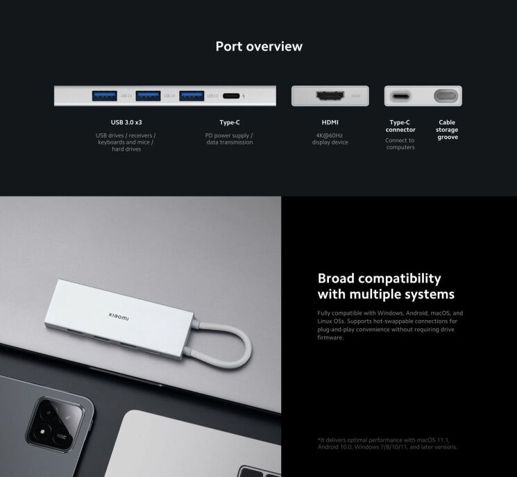 USB HUB Xiaomi 5 in 1 (Type-C to 3USB+Type-C+HDMI) BHR8804GL - White: фото 9 з 13