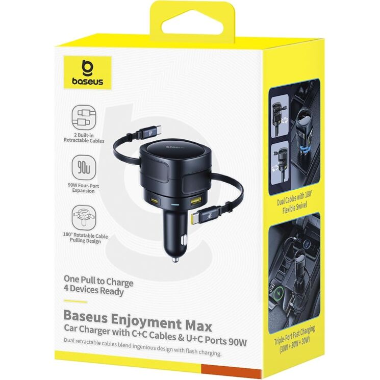Автомобильное зарядное устройство Baseus Enjoyment Max Retractable (90W) + кабель Type-C+Type-C (C00035507121) - Black: фото 4 из 8