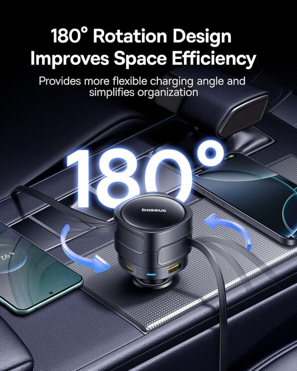 Автомобильное зарядное устройство Baseus Enjoyment Max Retractable (90W) + кабель Type-C+Type-C (C00035507121) - Black: фото 7 из 8