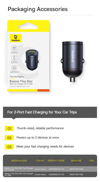 Автомобильное зарядное устройство Baseus Tiny Star Mini 30W (USB + Type-C) C00035001121-02 - Black: фото 26 из 26