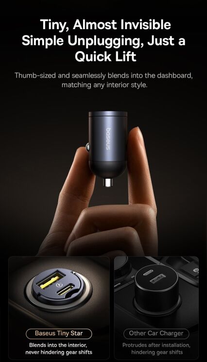 Автомобильное зарядное устройство Baseus Tiny Star Mini 30W (USB + Type-C) C00035001121-02 - Black: фото 15 из 26