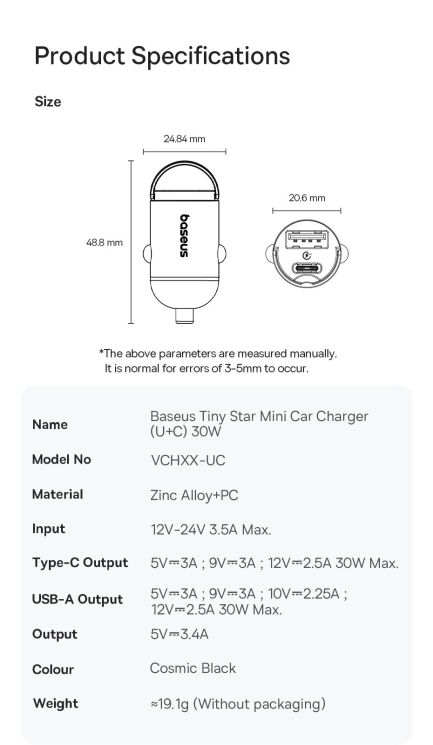 Автомобильное зарядное устройство Baseus Tiny Star Mini 30W (USB + Type-C) C00035001121-02 - Black: фото 24 из 26
