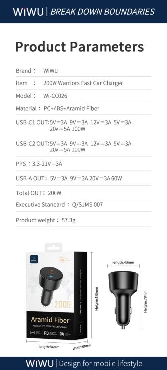 Автомобильное зарядное устройство WIWU CC026 Warriors PD200W + QC3.0 (USB + 2Type-C) - Black: фото 9 из 9
