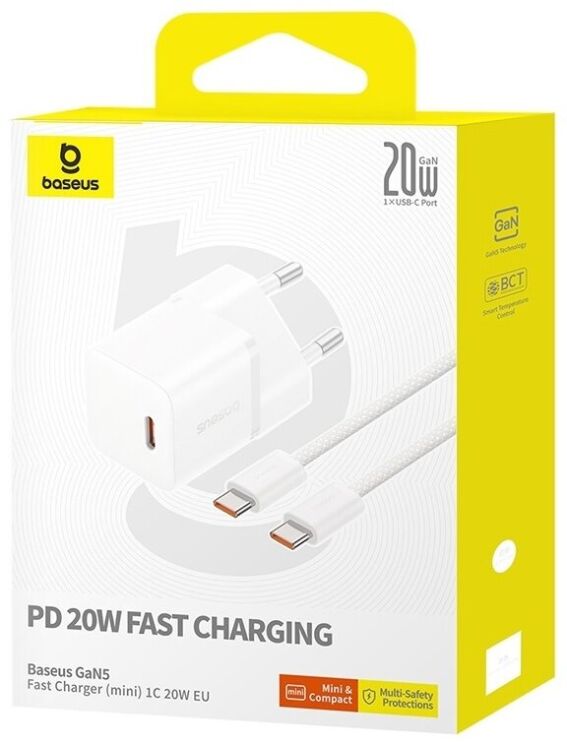Сетевое зарядное устройство Baseus GaN5 1C 20W + кабель Type-C to Type-C (P10110900213-01) - White: фото 7 из 17