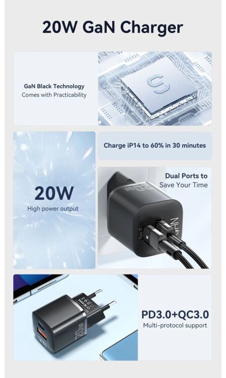 Мережевий зарядний пристрій ESSAGER Camber GaN 20W (USB + Type-C) ECTAC-HMB01-P - Black: фото 4 з 14