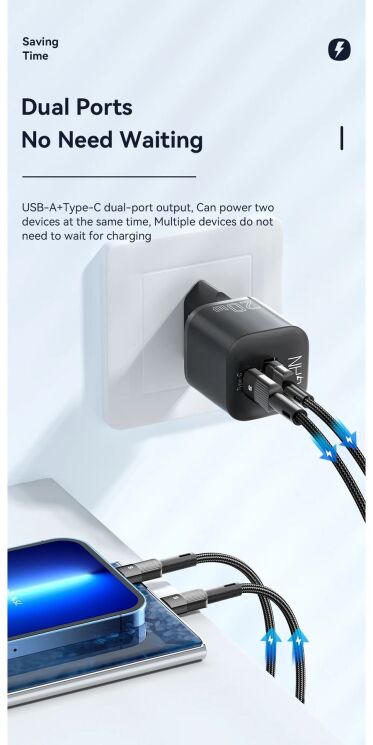 Мережевий зарядний пристрій ESSAGER Camber GaN 20W (USB + Type-C) ECTAC-HMB01-P - Black: фото 6 з 14