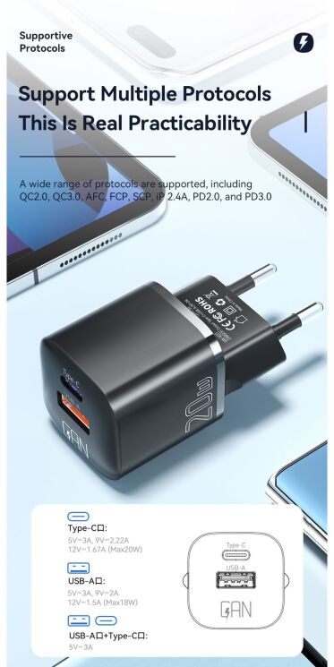 Мережевий зарядний пристрій ESSAGER Camber GaN 20W (USB + Type-C) ECTAC-HMB01-P - Black: фото 9 з 14