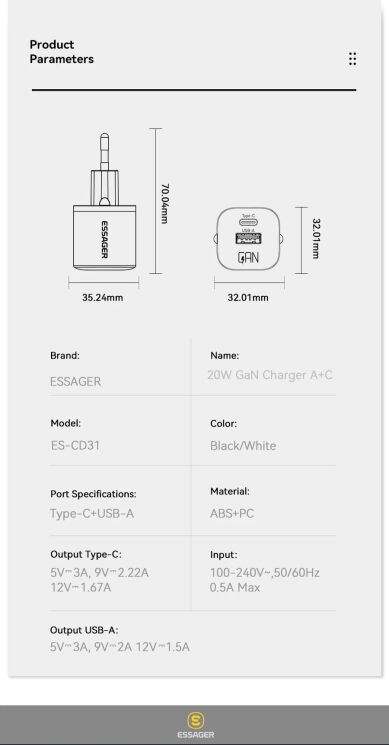 Мережевий зарядний пристрій ESSAGER Camber GaN 20W (USB + Type-C) ECTAC-HMB01-P - Black: фото 14 з 14
