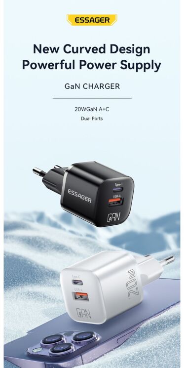 Мережевий зарядний пристрій ESSAGER Camber GaN 20W (USB + Type-C) ECTAC-HMB01-P - Black: фото 3 з 14