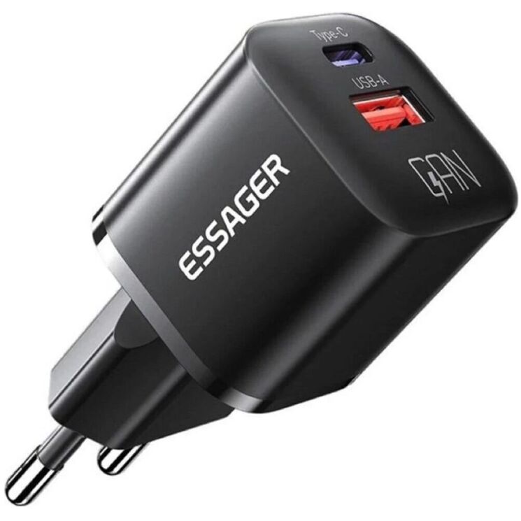 Мережевий зарядний пристрій ESSAGER Camber GaN 20W (USB + Type-C) ECTAC-HMB01-P - Black: фото 1 з 14