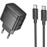 Мережевий зарядний пристрій Hoco CS61A PD30W + QC3.0 (USB + Type-C) + кабель Type-C to Type-C - Black: фото 1 з 8