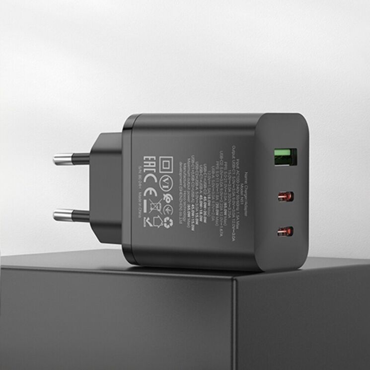 Мережевий зарядний пристрій Hoco N51 PD65W (USB + 2Type-C) - Black: фото 6 з 8