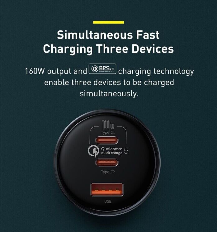 Автомобильное зарядное устройство Baseus Qualcomm Quick Charge 5 Technology 160W + кабель Type-C to Type-C (TZCCZM-0G) - Gray: фото 14 из 30