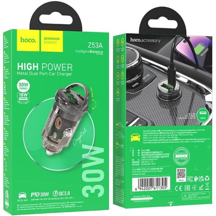 Автомобильное зарядное устройство Hoco Z53A Vision PD30W + QC3.0 - Black: фото 5 из 7