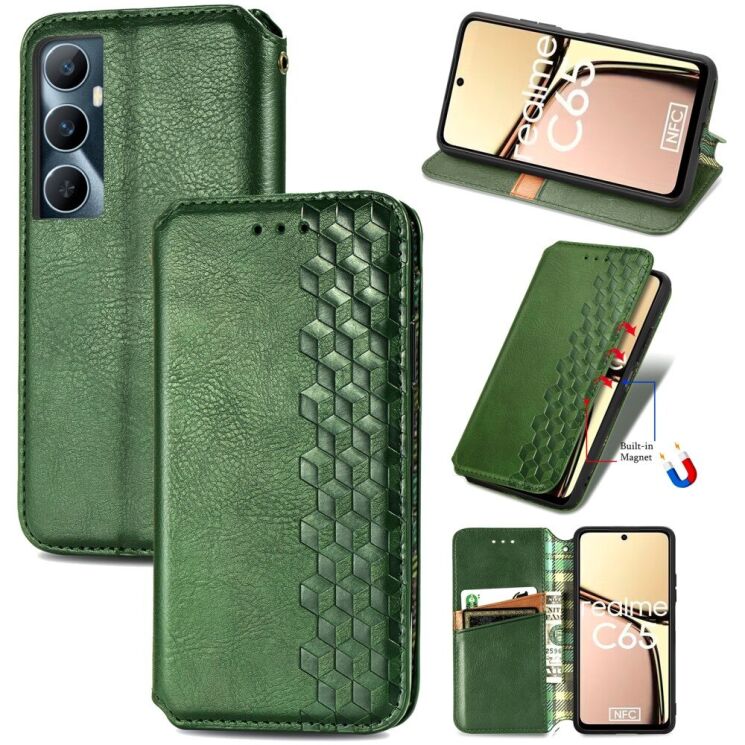 Чехол Deexe Rhombus Wallet для Realme C65 - Green: фото 6 из 9