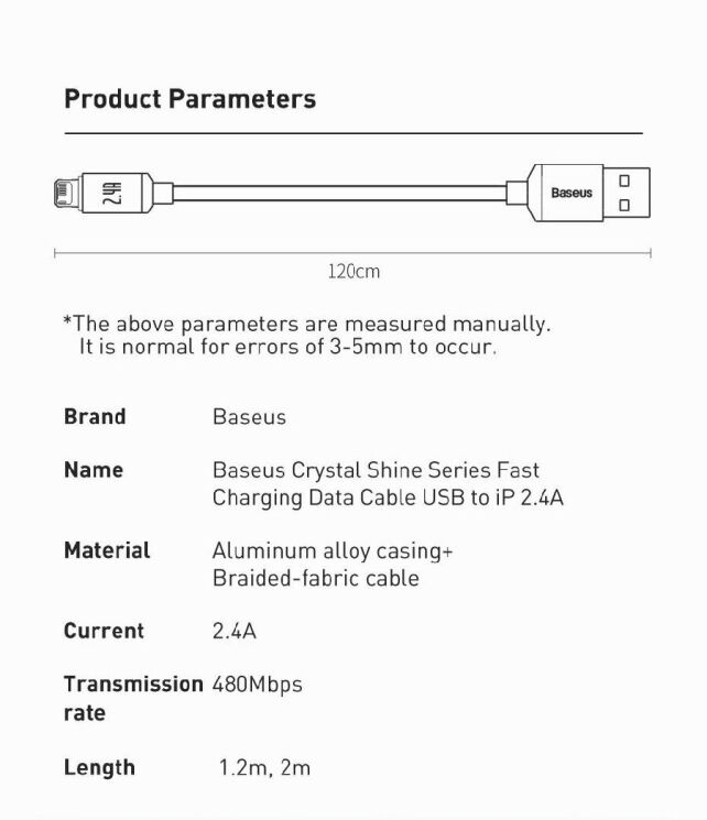 Кабель Baseus Crystal Shine Series USB to Lightning (2.4A, 1.2m) CAJY000001 - Black: фото 24 з 26