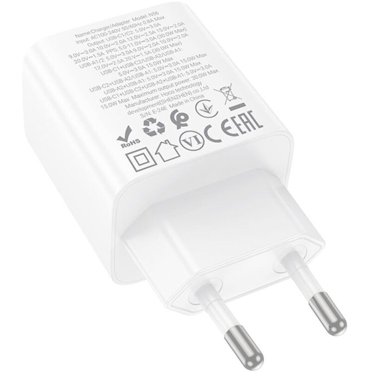 Сетевое зарядное устройство Hoco N56 30W 2C+2U + кабель Type-C to Type-C - White: фото 4 из 7