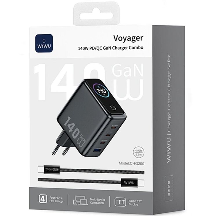 Сетевое зарядное устройство WIWU CHG200 Voyager PD140W + QC3.0 (USB + 3Type-C) + кабель Type-C to Type-C - Grey: фото 3 из 11