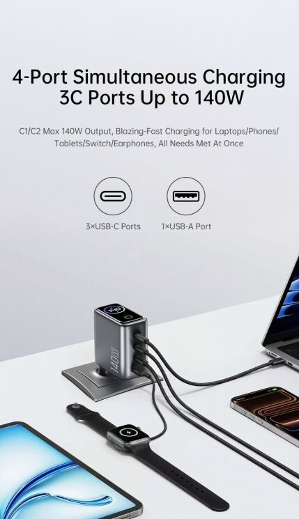 Сетевое зарядное устройство WIWU CHG200 Voyager PD140W + QC3.0 (USB + 3Type-C) + кабель Type-C to Type-C - Grey: фото 8 из 11