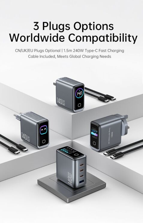 Сетевое зарядное устройство WIWU CHG200 Voyager PD140W + QC3.0 (USB + 3Type-C) + кабель Type-C to Type-C - Grey: фото 11 из 11
