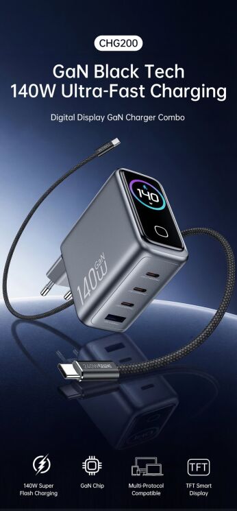 Сетевое зарядное устройство WIWU CHG200 Voyager PD140W + QC3.0 (USB + 3Type-C) + кабель Type-C to Type-C - Grey: фото 4 из 11