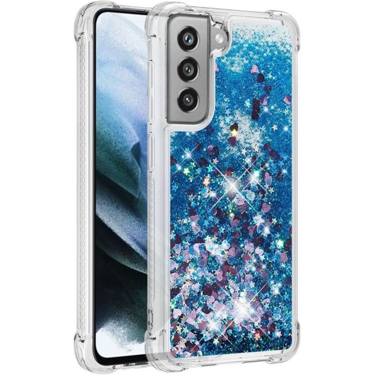 Силиконовый (TPU) чехол Deexe Liquid Glitter для Samsung Galaxy S21 FE (G990) - Blue Hearts: фото 2 из 7