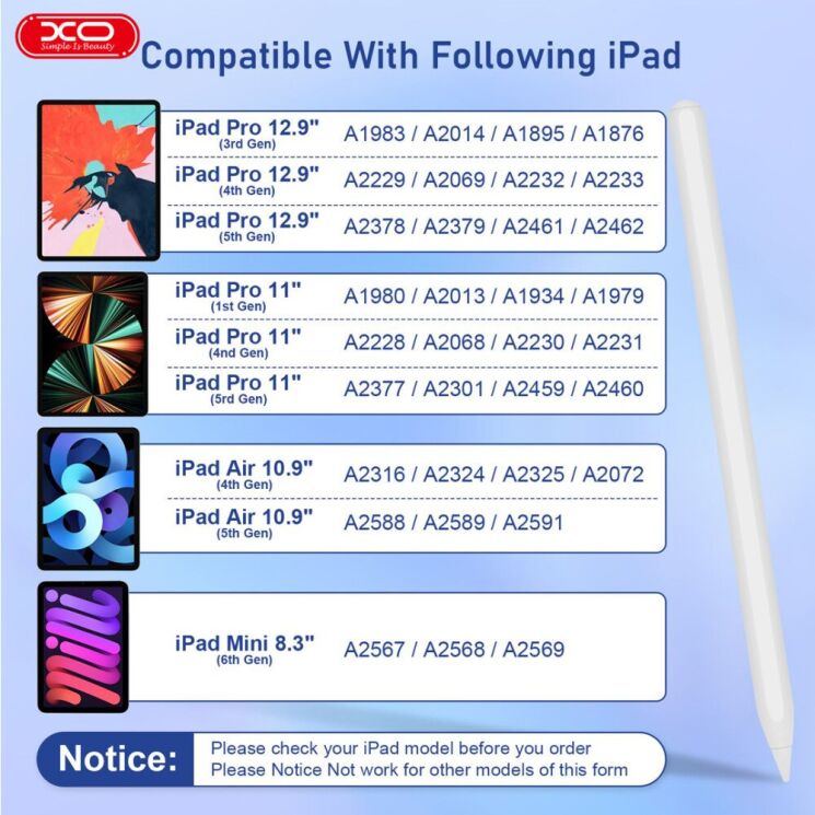 Стилус XO ST-05 iPad 2-Gen Wireless Charging Pen - White: фото 7 из 9
