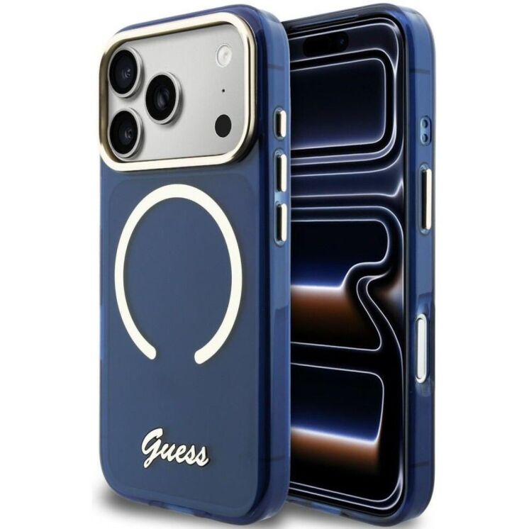 Защитный чехол Guess IML Script Metal MagSafe для iPhone 17 Pro (GUHMP17L5HTCSMSB) - Blue: фото 1 из 9