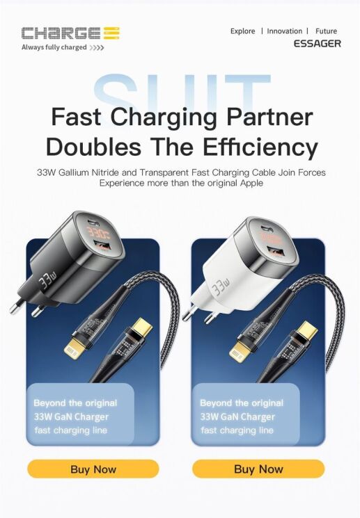 Мережевий зарядний пристрій ESSAGER 33W GaN Digital Display Travel Charger (ECTCA-LYB02-Z) - White: фото 13 з 16