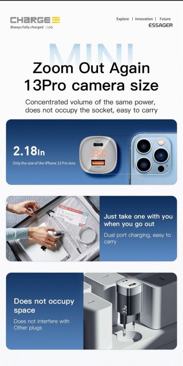 Мережевий зарядний пристрій ESSAGER 33W GaN Digital Display Travel Charger (ECTCA-LYB02-Z) - White: фото 12 з 16